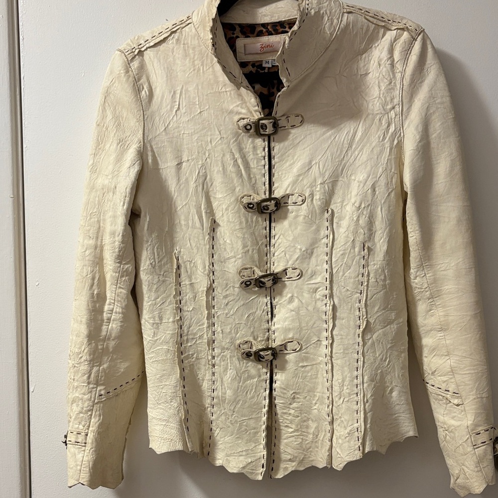 Zini Leather Cream Utility Jacket with Buckle Accents M